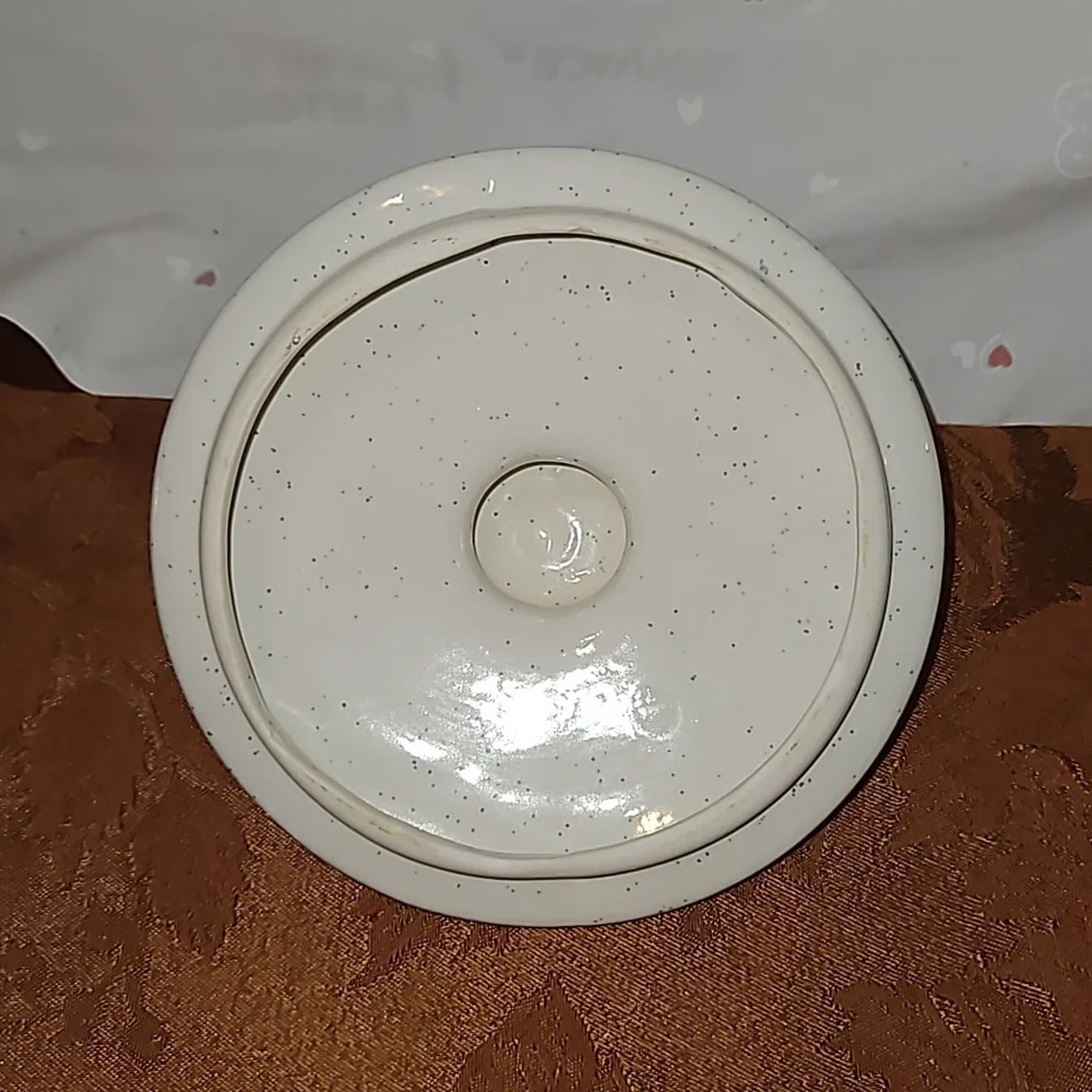 Vintage Speckled Ceramic Blush Pink Flower Blue Ribbon Large Canister Jar w/Lid